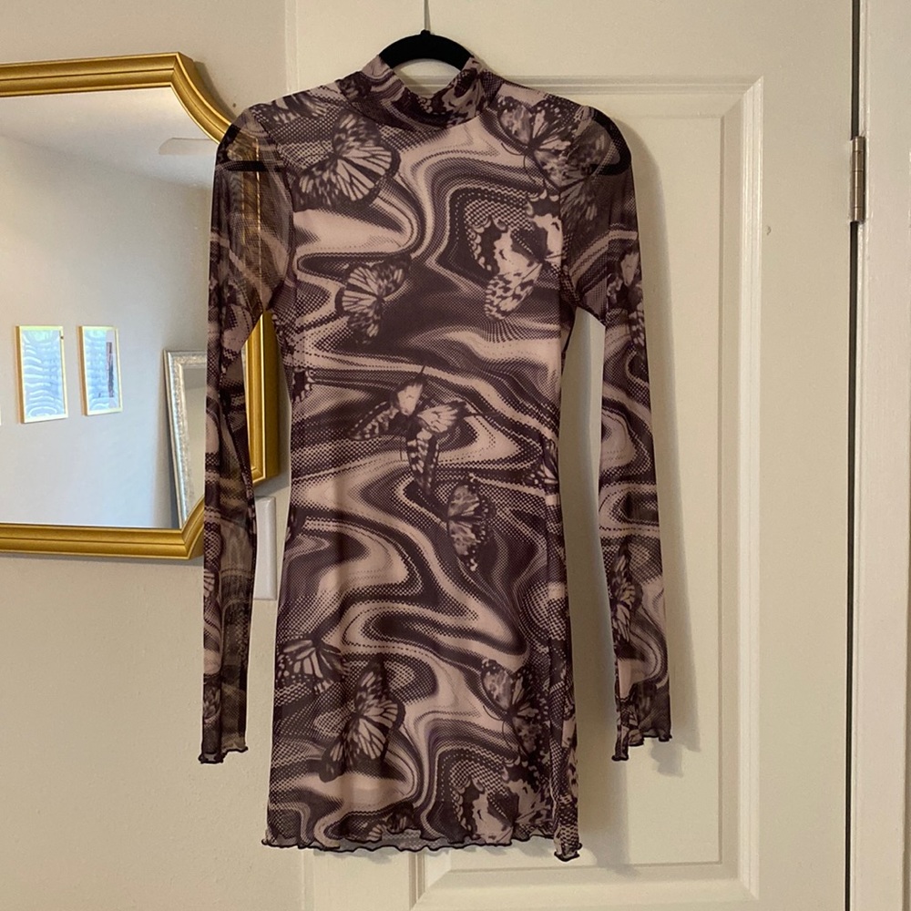 Bodycon, sheer long sleeves, mock neck, Urban Outfitters. Ruffle detailing